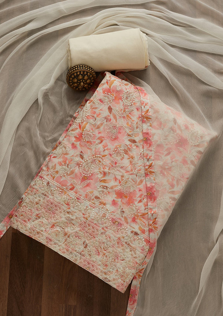 Off White Threadwork Georgette Unstitched Salwar Suit-Koskii