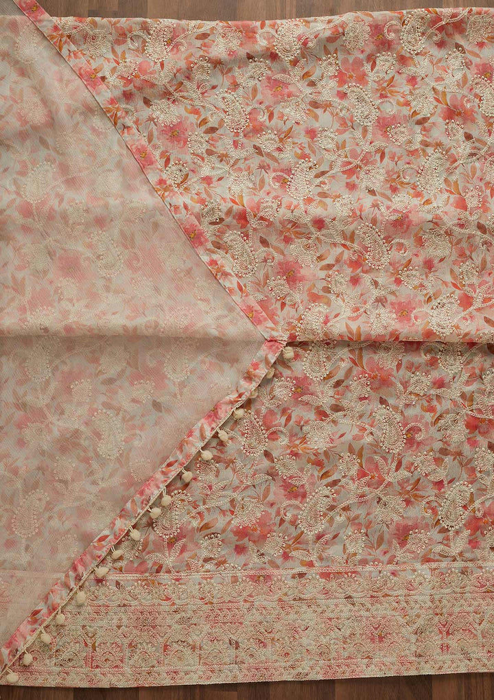 Off White Threadwork Georgette Unstitched Salwar Suit-Koskii