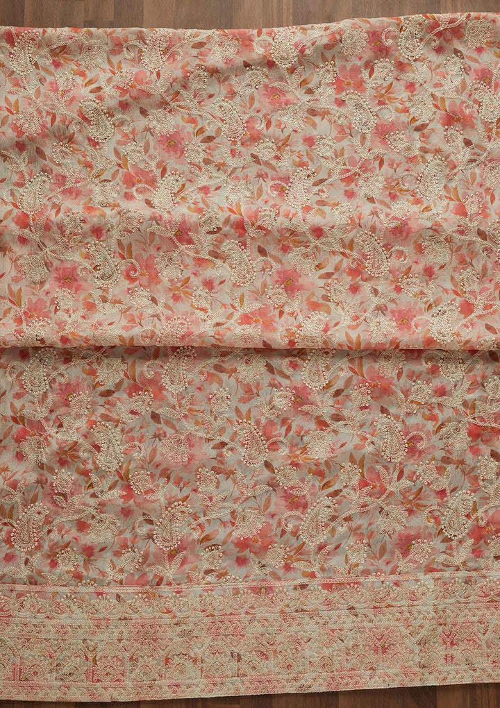 Off White Threadwork Georgette Unstitched Salwar Suit-Koskii