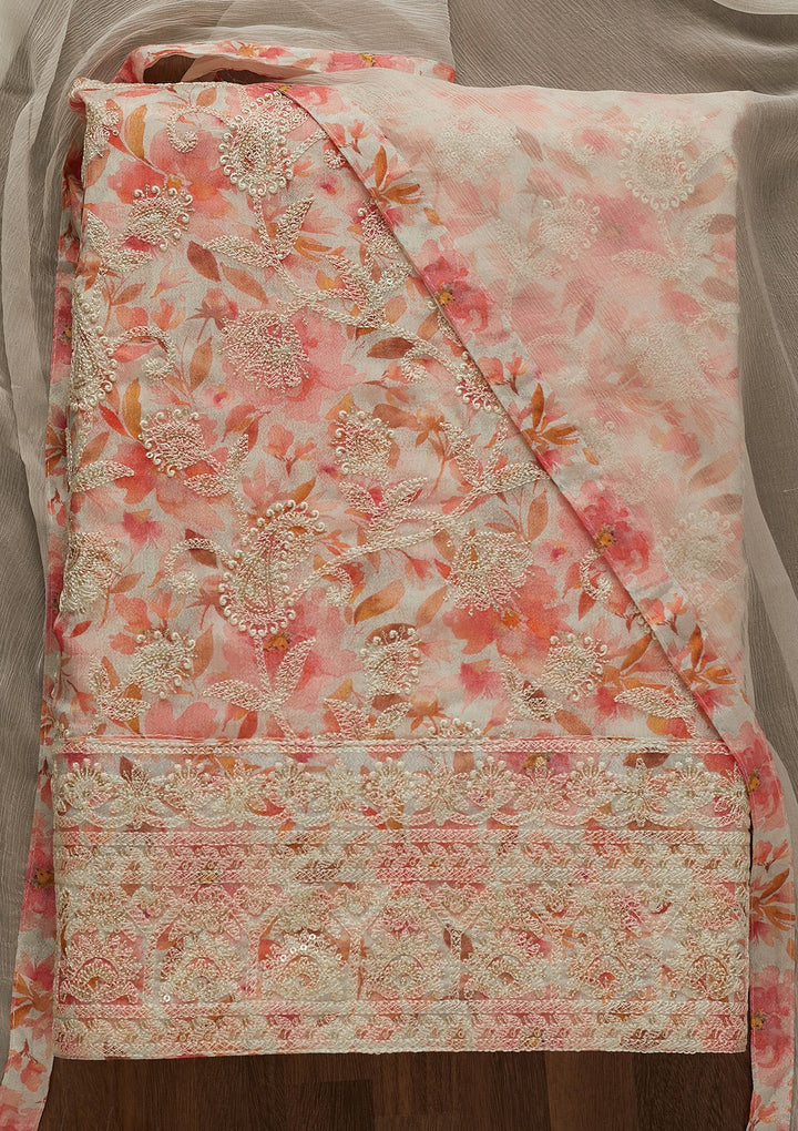 Off White Threadwork Georgette Unstitched Salwar Suit-Koskii