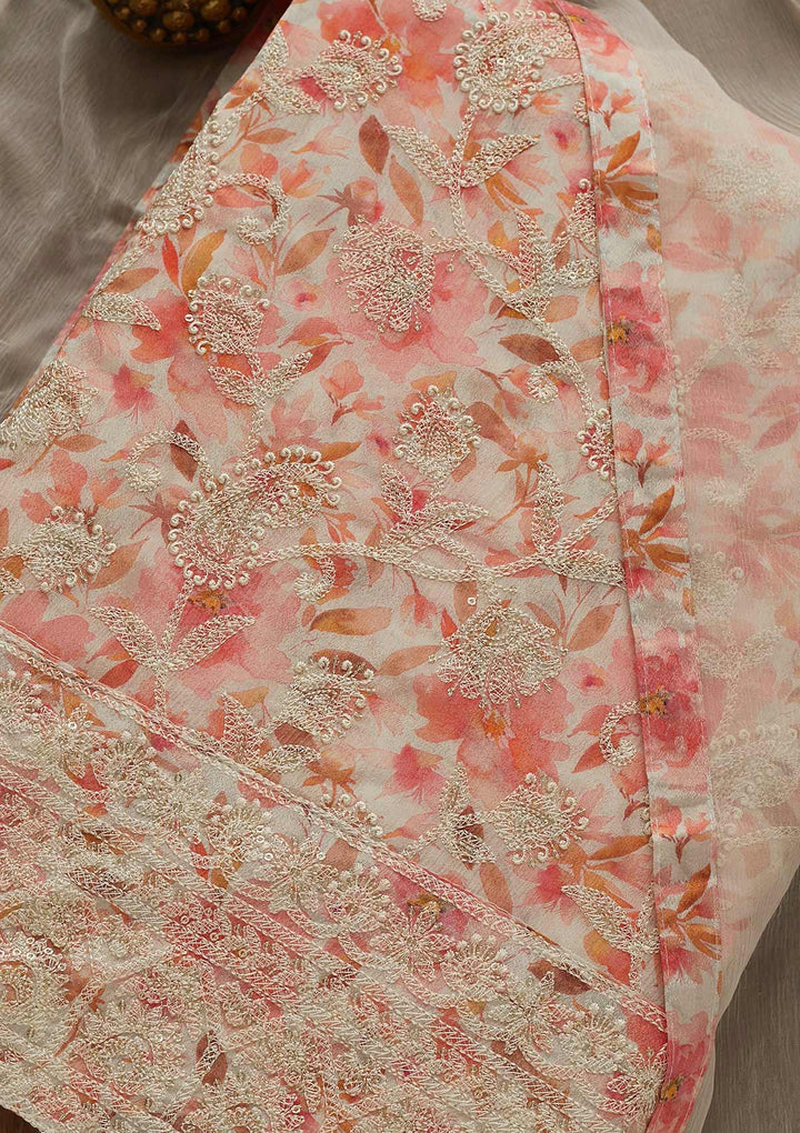 Off White Threadwork Georgette Unstitched Salwar Suit-Koskii