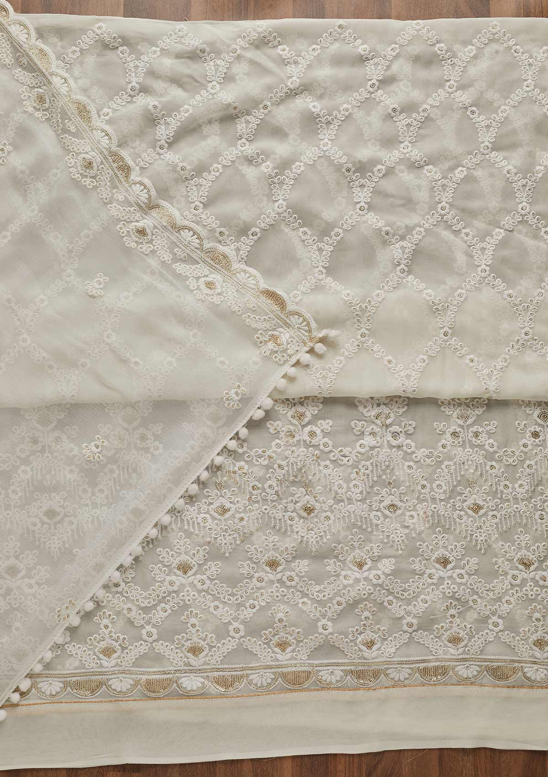 Off White Threadwork Georgette Unstitched Salwar Suit-Koskii