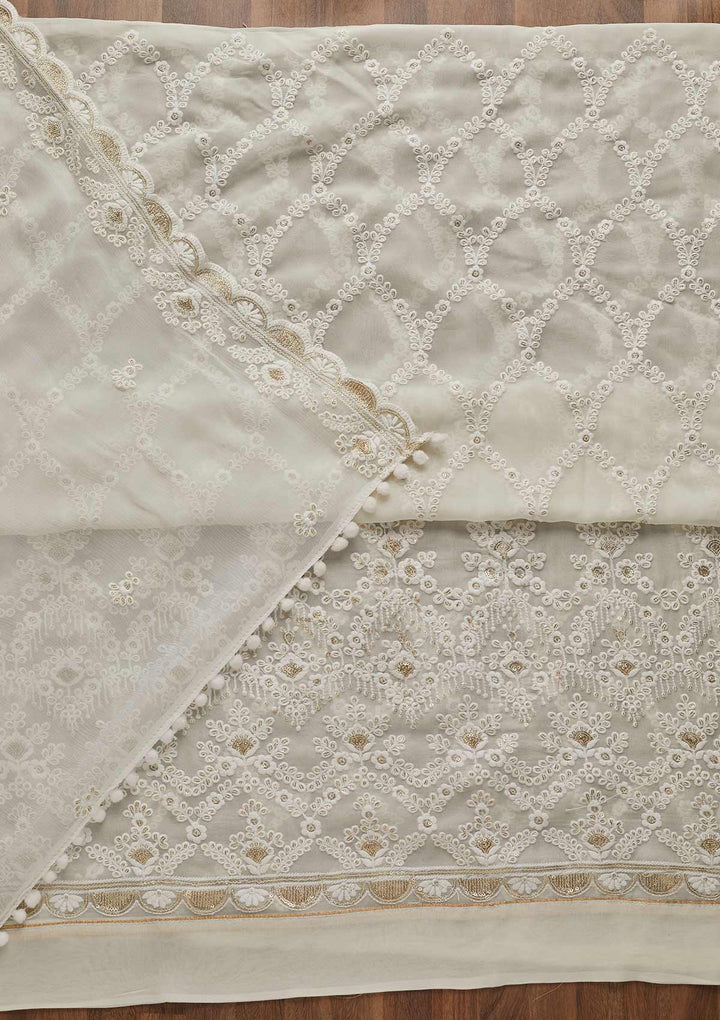 Off White Threadwork Georgette Unstitched Salwar Suit-Koskii