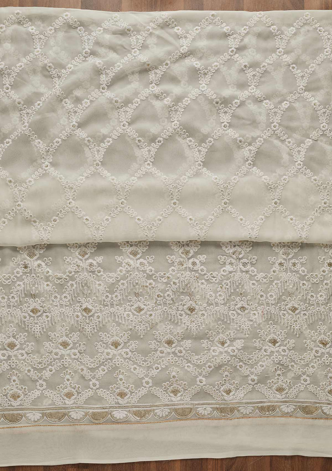 Off White Threadwork Georgette Unstitched Salwar Suit-Koskii