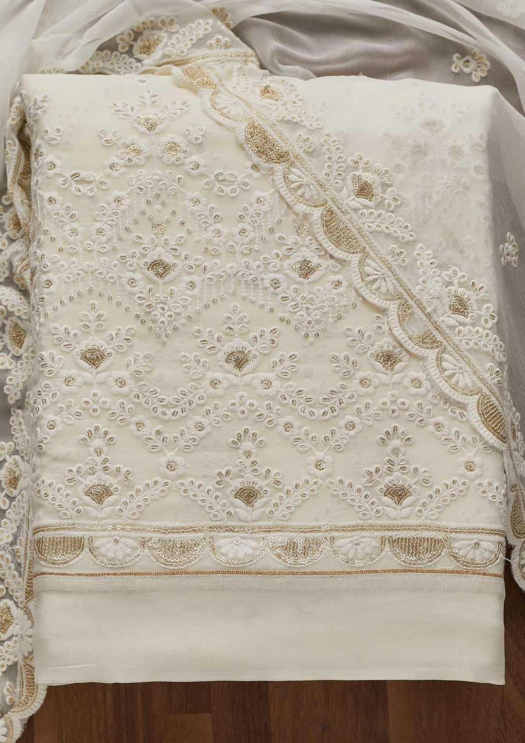 Off White Threadwork Georgette Unstitched Salwar Suit-Koskii