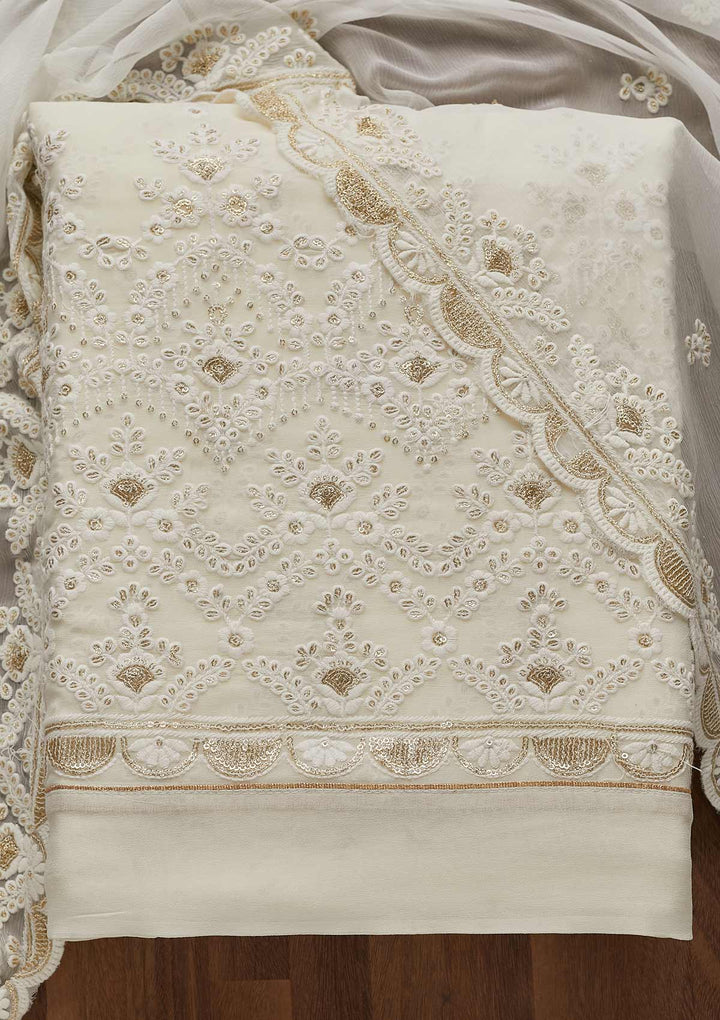 Off White Threadwork Georgette Unstitched Salwar Suit-Koskii