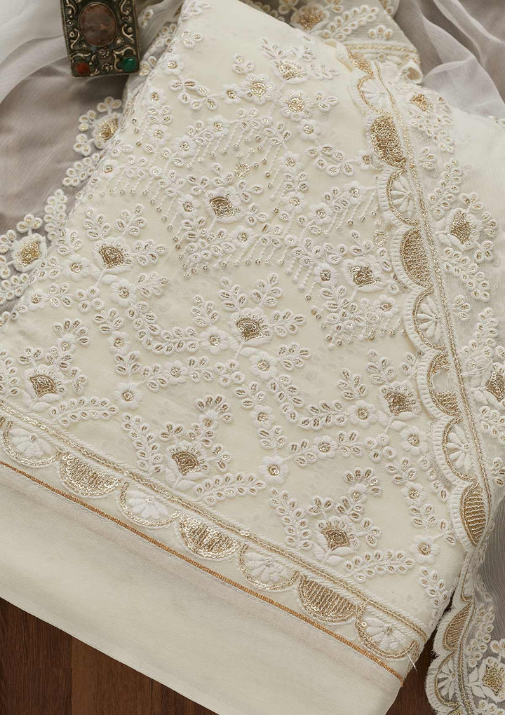 Off White Threadwork Georgette Unstitched Salwar Suit-Koskii