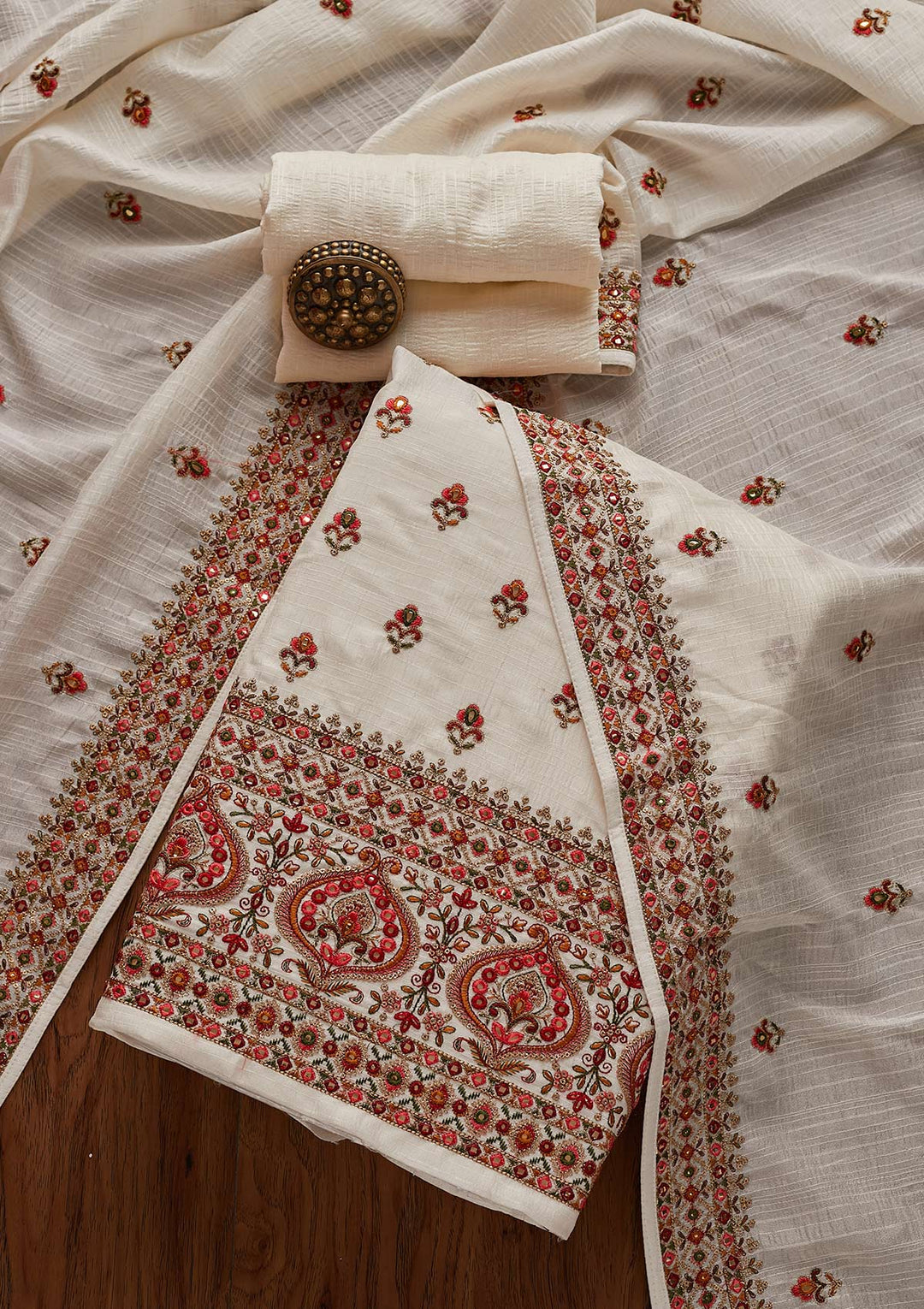 Off White Threadwork Raw Silk Designer Unstitched Salwar Suit - Koskii