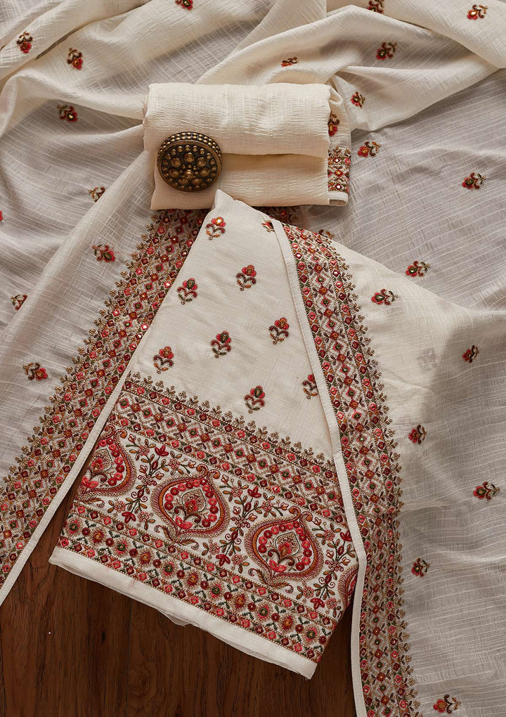 Off White Threadwork Raw Silk Designer Unstitched Salwar Suit - Koskii