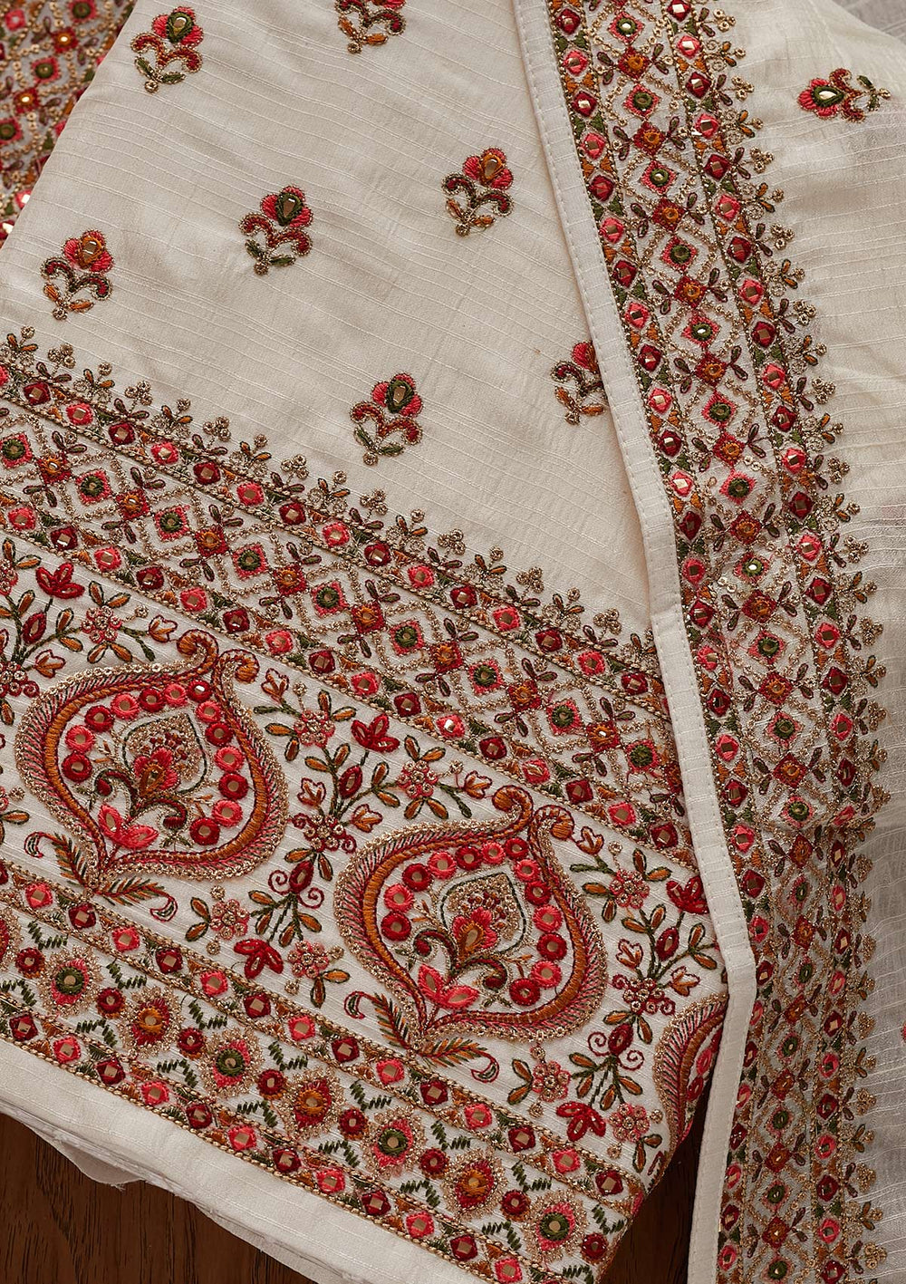 Off White Threadwork Raw Silk Designer Unstitched Salwar Suit - Koskii
