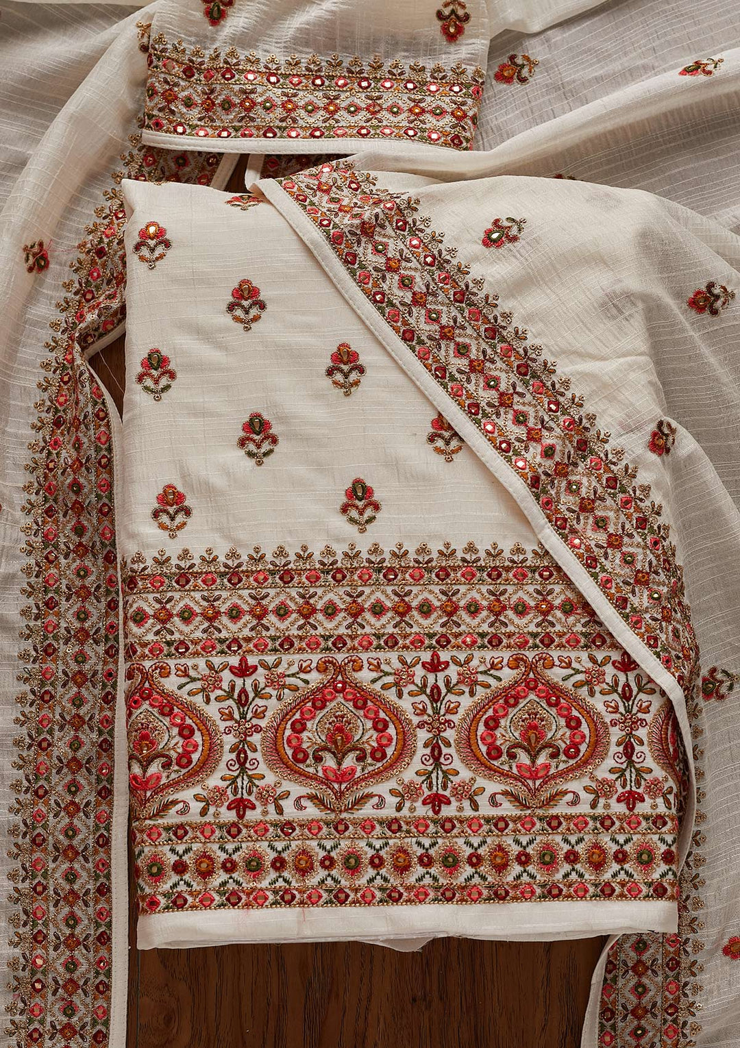 Off White Threadwork Raw Silk Designer Unstitched Salwar Suit - Koskii