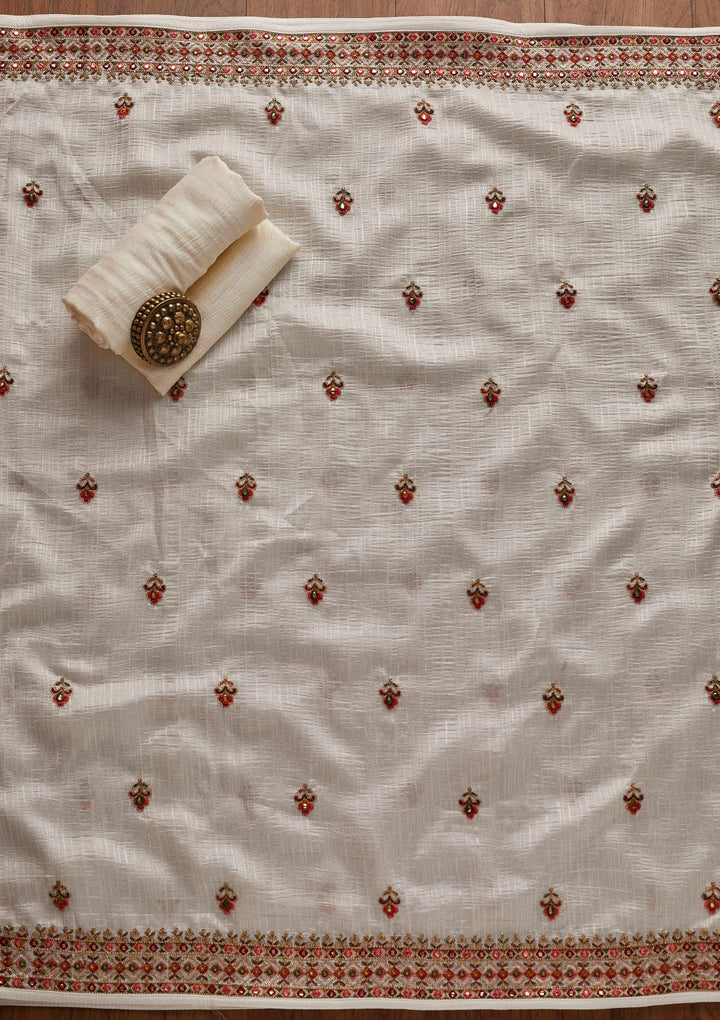 Off White Threadwork Raw Silk Designer Unstitched Salwar Suit - Koskii