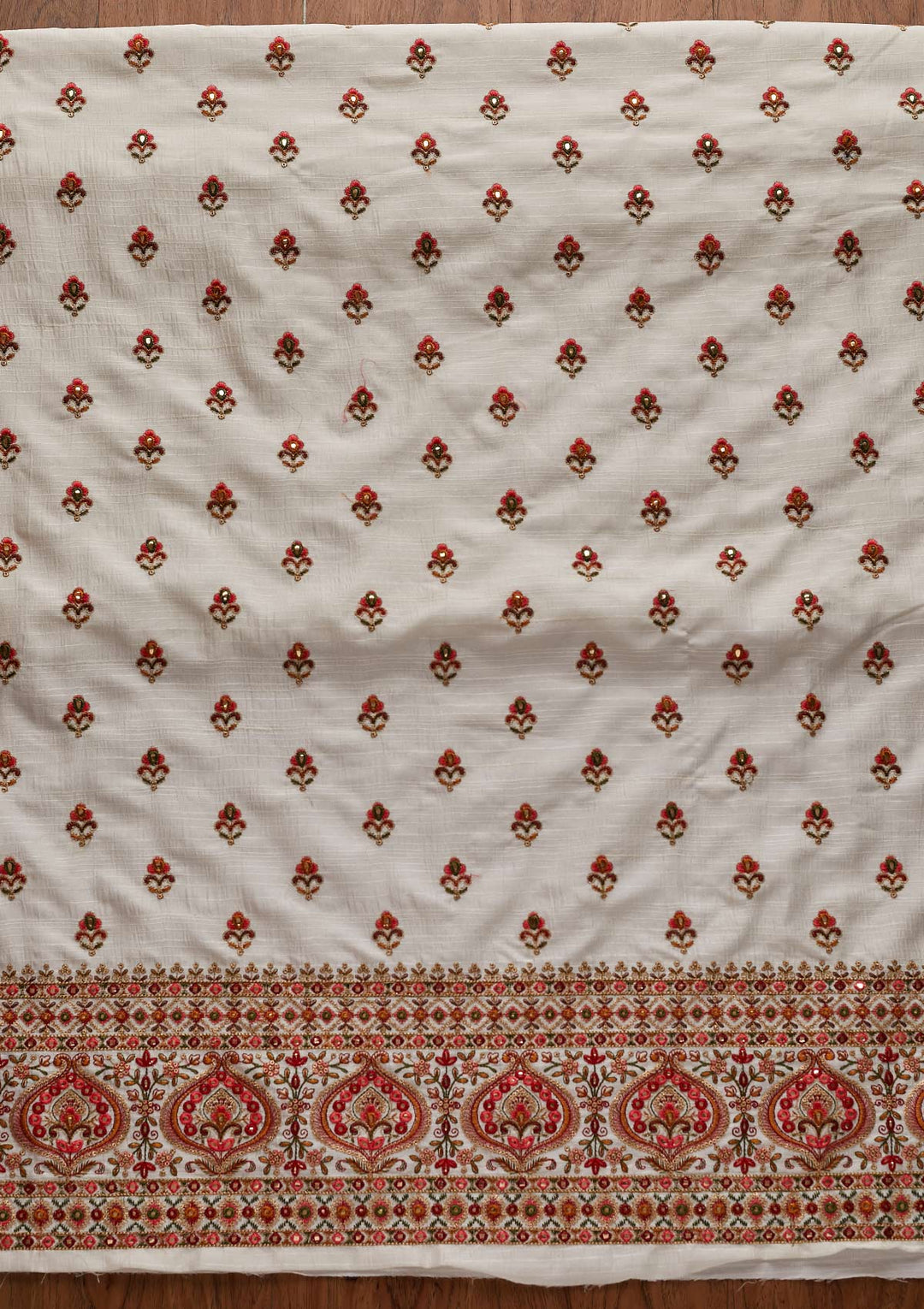 Off White Threadwork Raw Silk Designer Unstitched Salwar Suit - Koskii