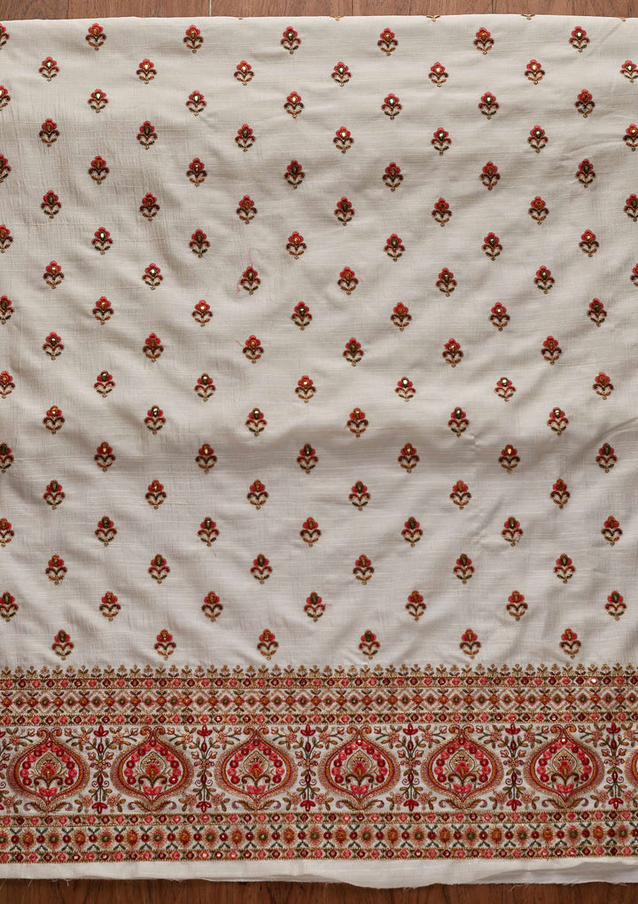Off White Threadwork Raw Silk Designer Unstitched Salwar Suit - Koskii