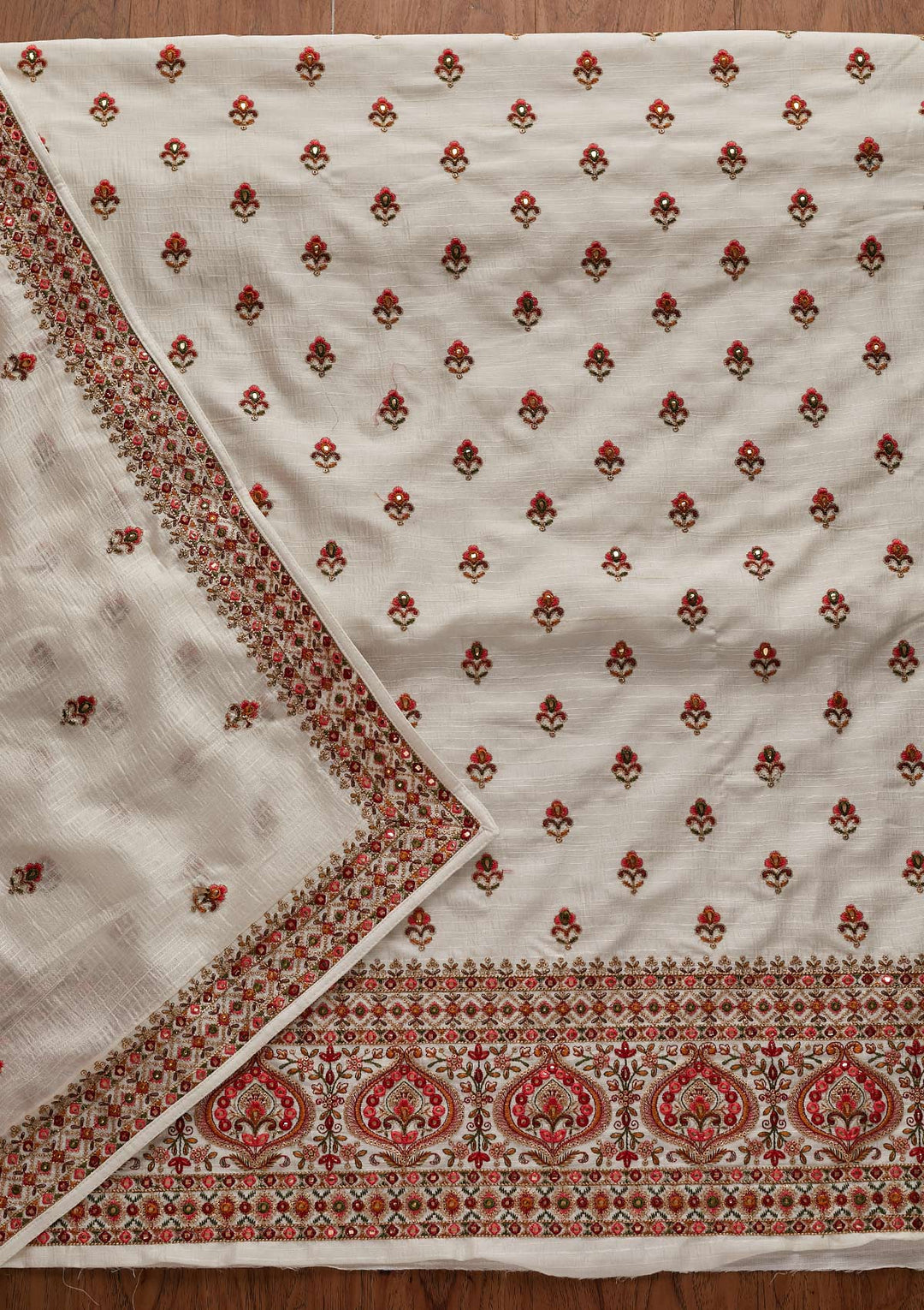 Off White Threadwork Raw Silk Designer Unstitched Salwar Suit - Koskii