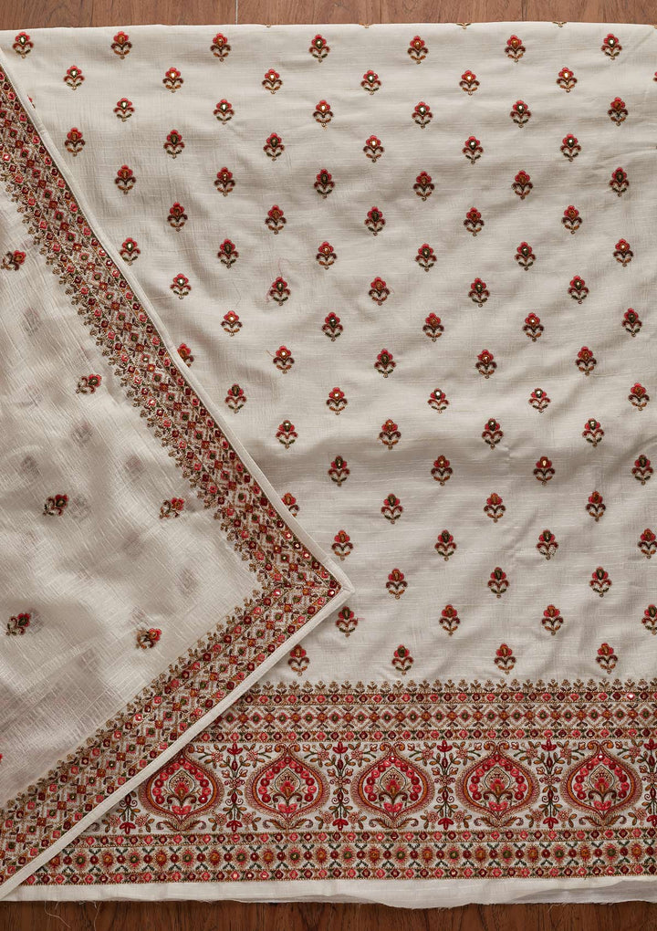 Off White Threadwork Raw Silk Designer Unstitched Salwar Suit - Koskii