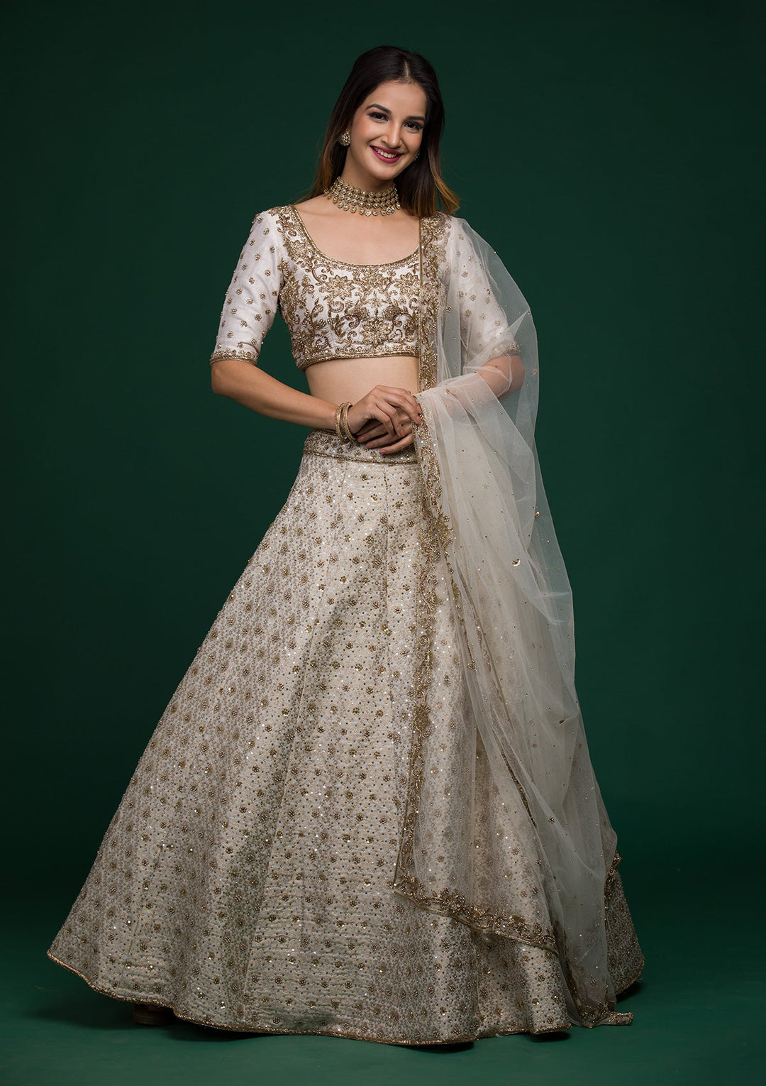 Off White Zardosi Raw Silk Lehenga-koskii