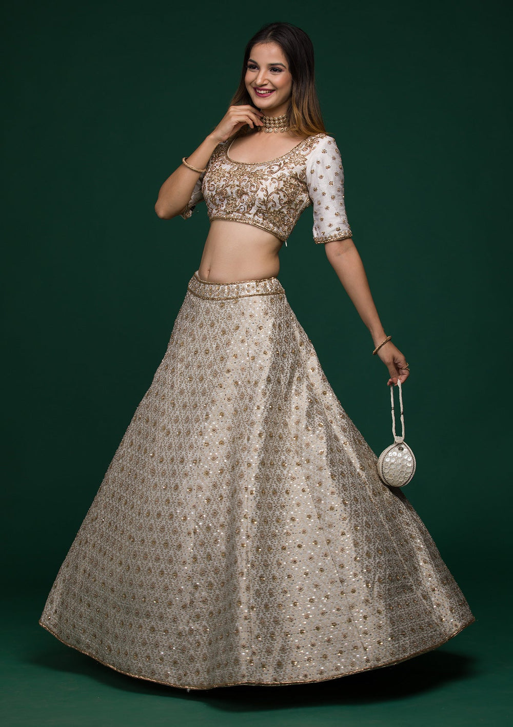 Off White Zardosi Raw Silk Lehenga-koskii