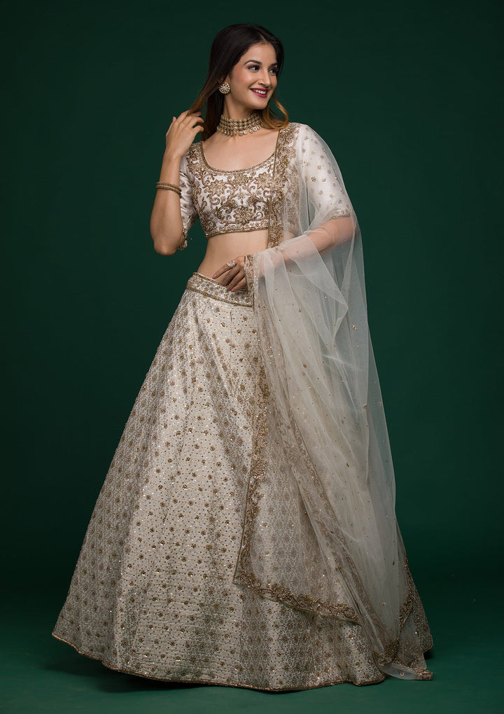 Off White Zardosi Raw Silk Lehenga-koskii