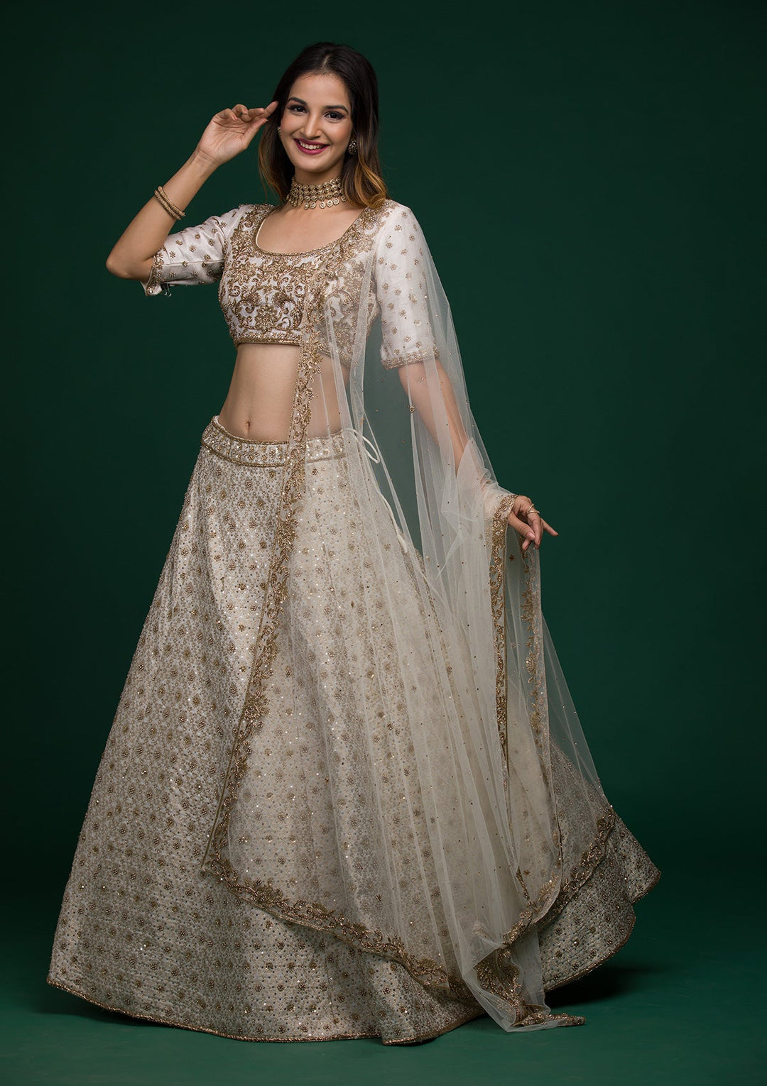 Off White Zardosi Raw Silk Lehenga-koskii
