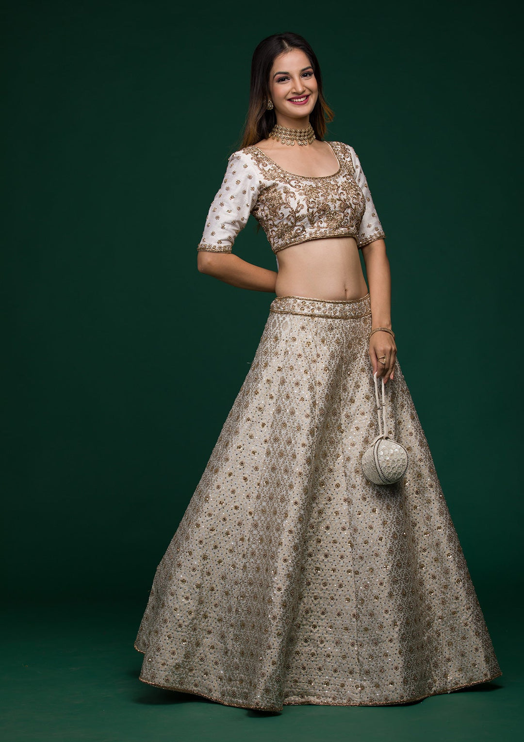 Off White Zardosi Raw Silk Lehenga-koskii