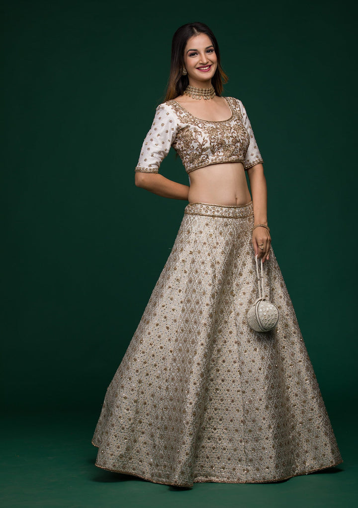 Off White Zardosi Raw Silk Lehenga-koskii