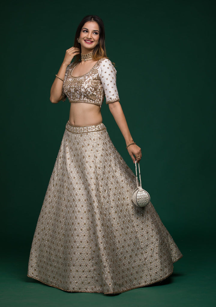 Off White Zardosi Raw Silk Lehenga-koskii
