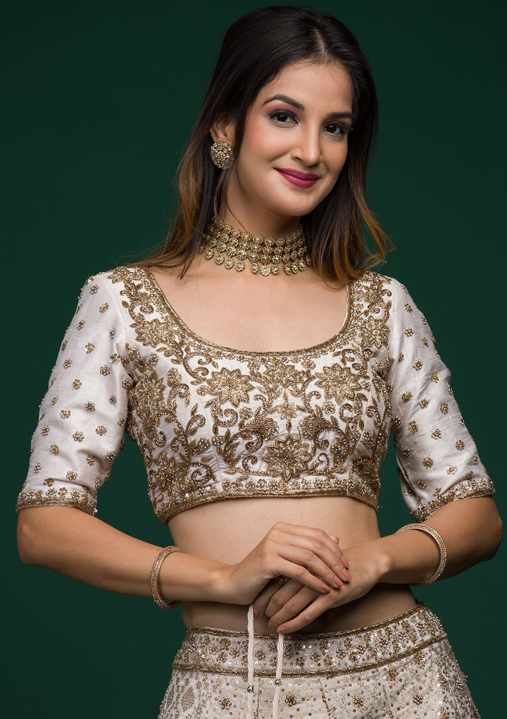 Off White Zardosi Raw Silk Lehenga-koskii