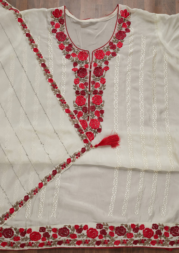 Off White Zariwork Georgette Semi-Stitched Salwar Suit - Koskii