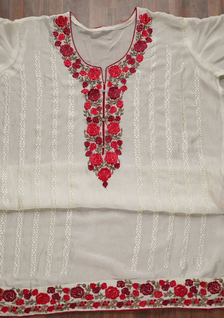 Off White Zariwork Georgette Semi-Stitched Salwar Suit - Koskii