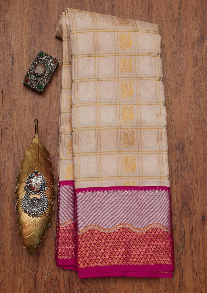 Off White Zariwork Pure Silk Designer Saree - koskii