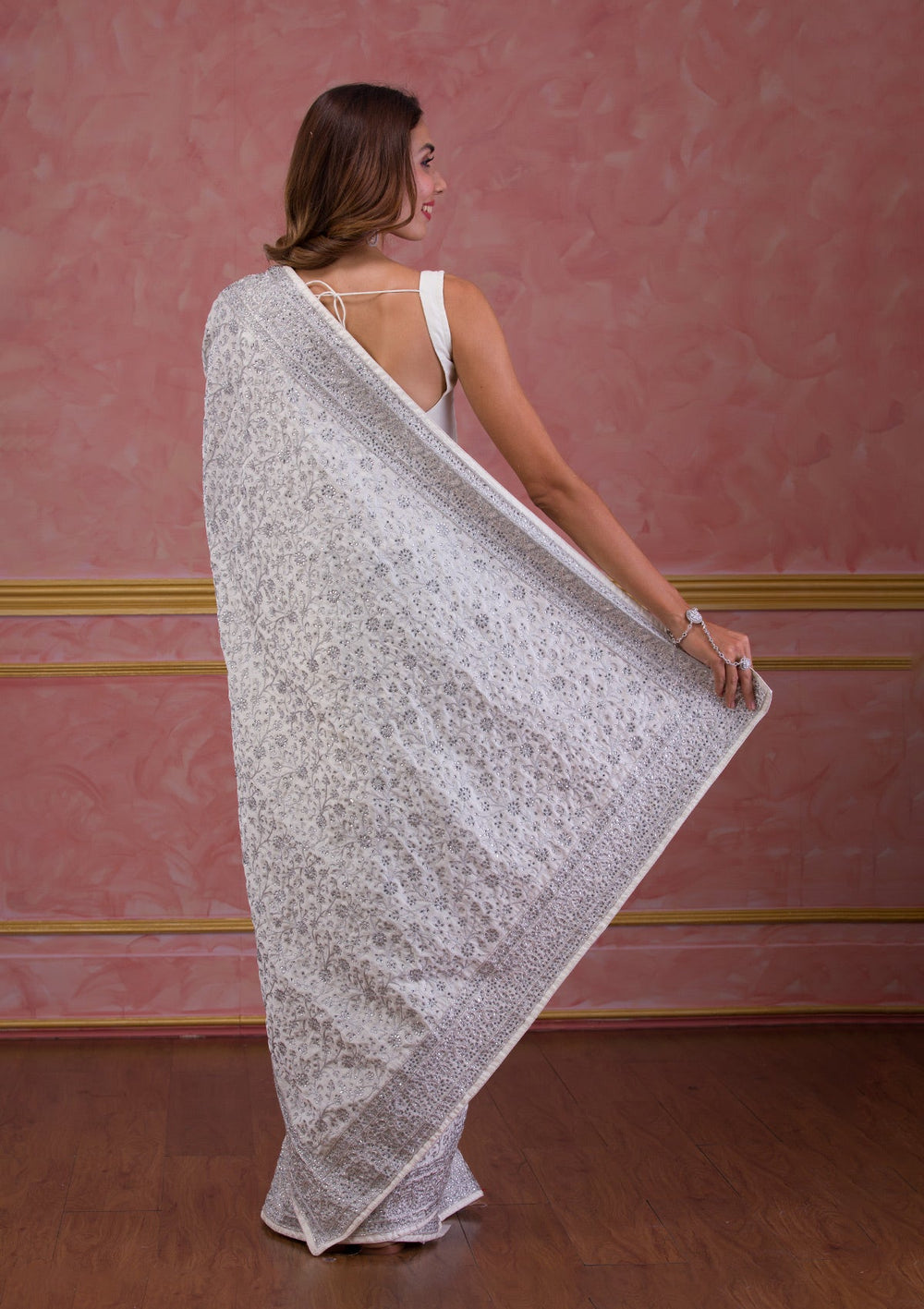 Dark Grey Swarovski Georgette Designer Saree-Koskii