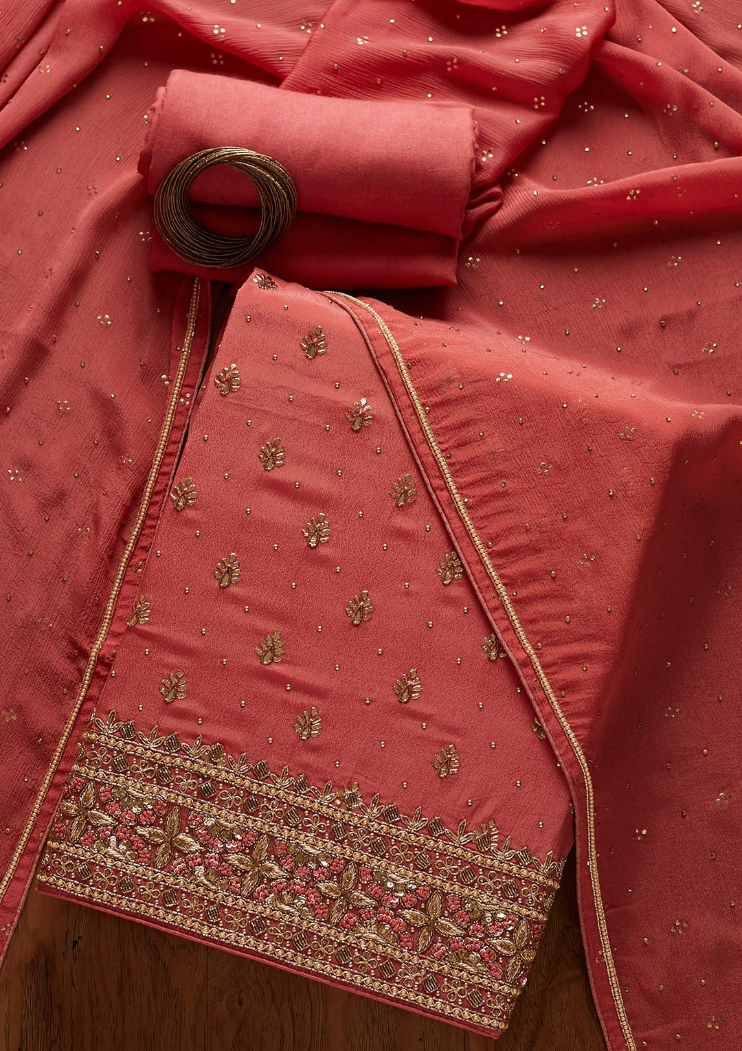 Onion Pink Badla Semi Crepe Designer Unstitched Salwar Suit - koskii