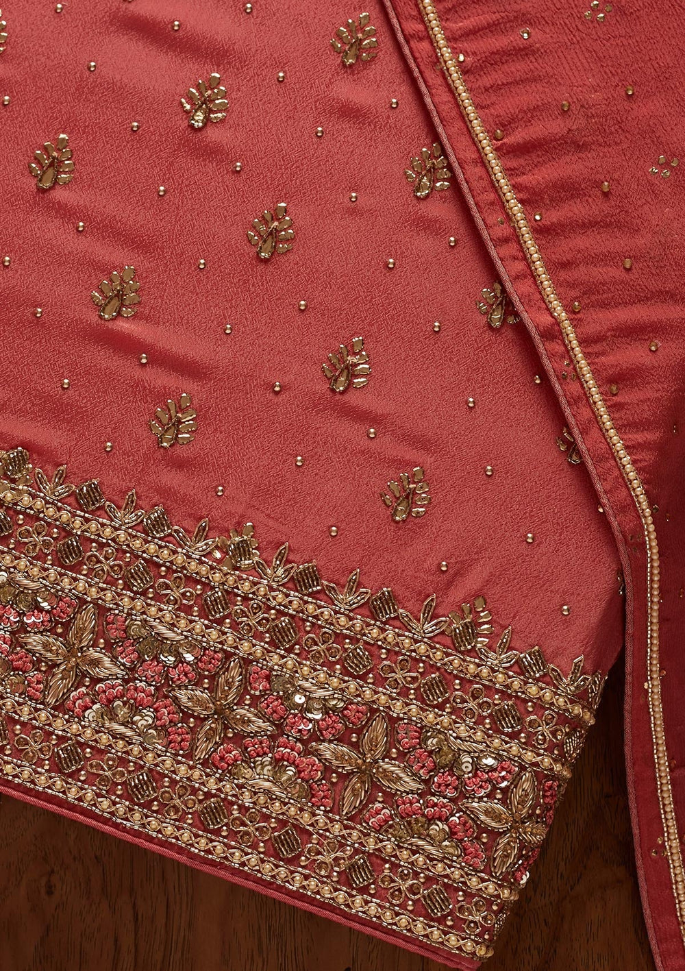 Onion Pink Badla Semi Crepe Designer Unstitched Salwar Suit - koskii