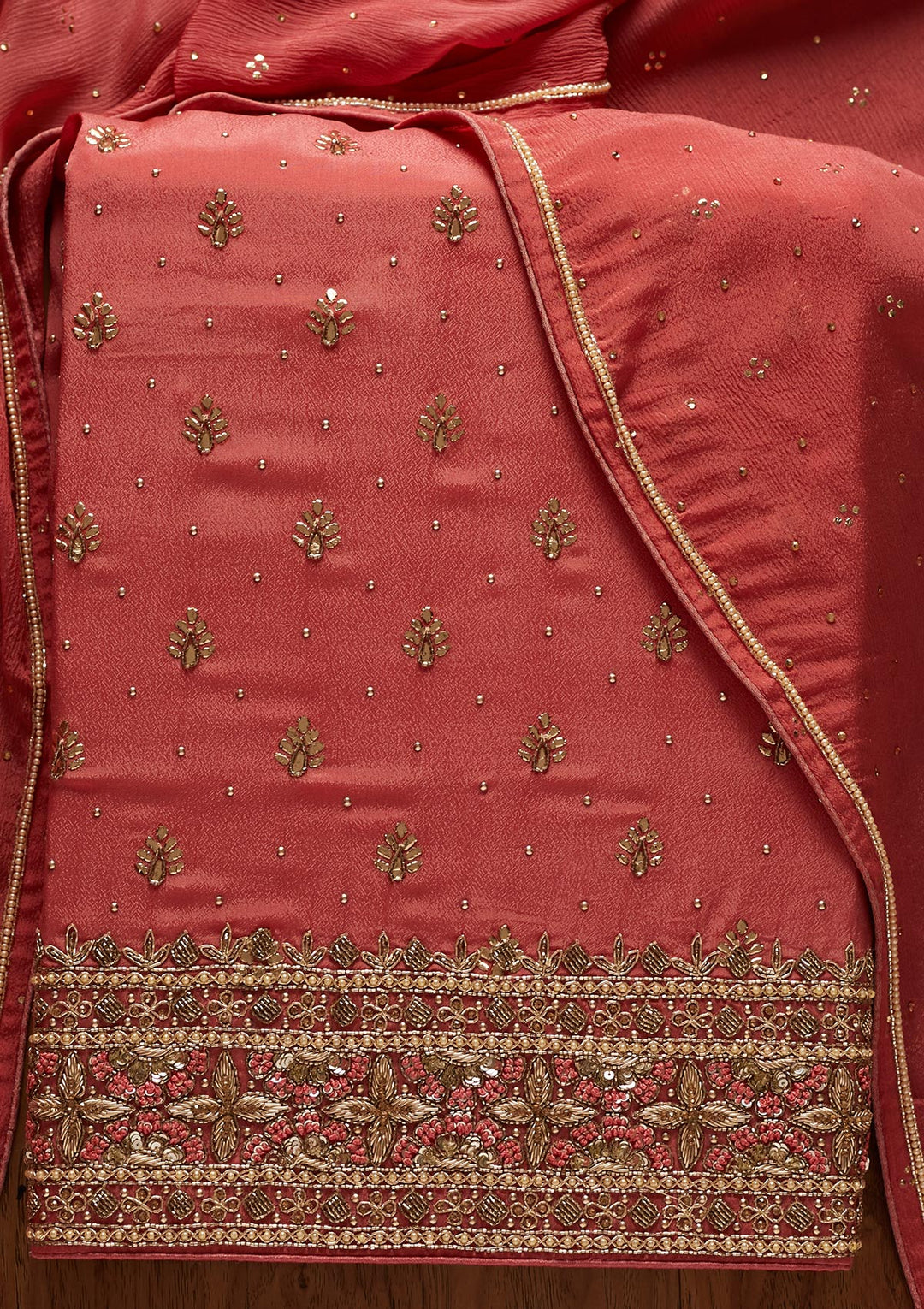 Onion Pink Badla Semi Crepe Designer Unstitched Salwar Suit - koskii