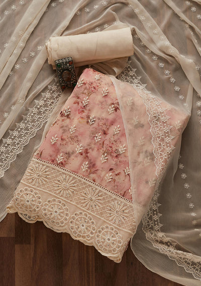 Onion Pink Chikankari Chiffon Designer Unstitched Salwar Suit - Koskii