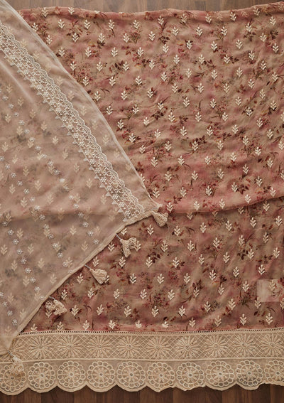 Onion Pink Chikankari Chiffon Designer Unstitched Salwar Suit - Koskii