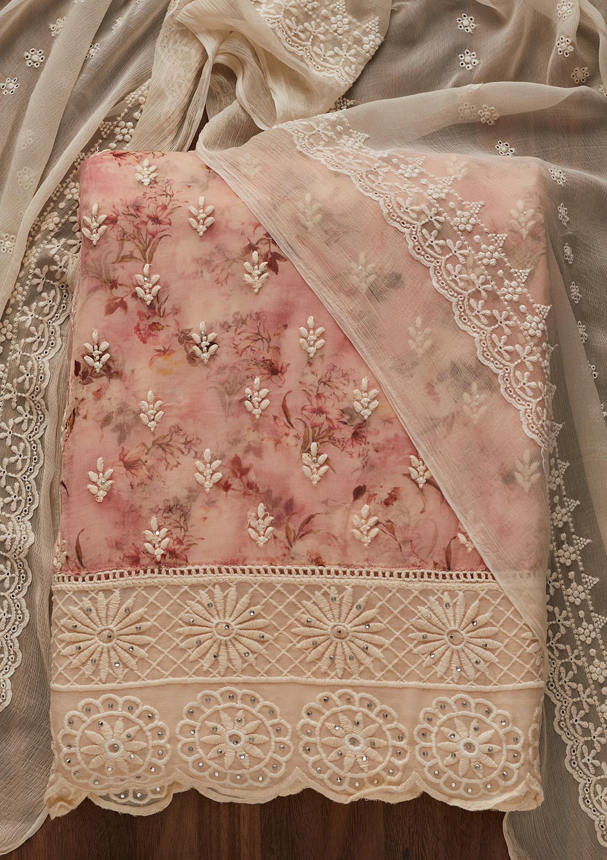 Onion Pink Chikankari Chiffon Designer Unstitched Salwar Suit - Koskii