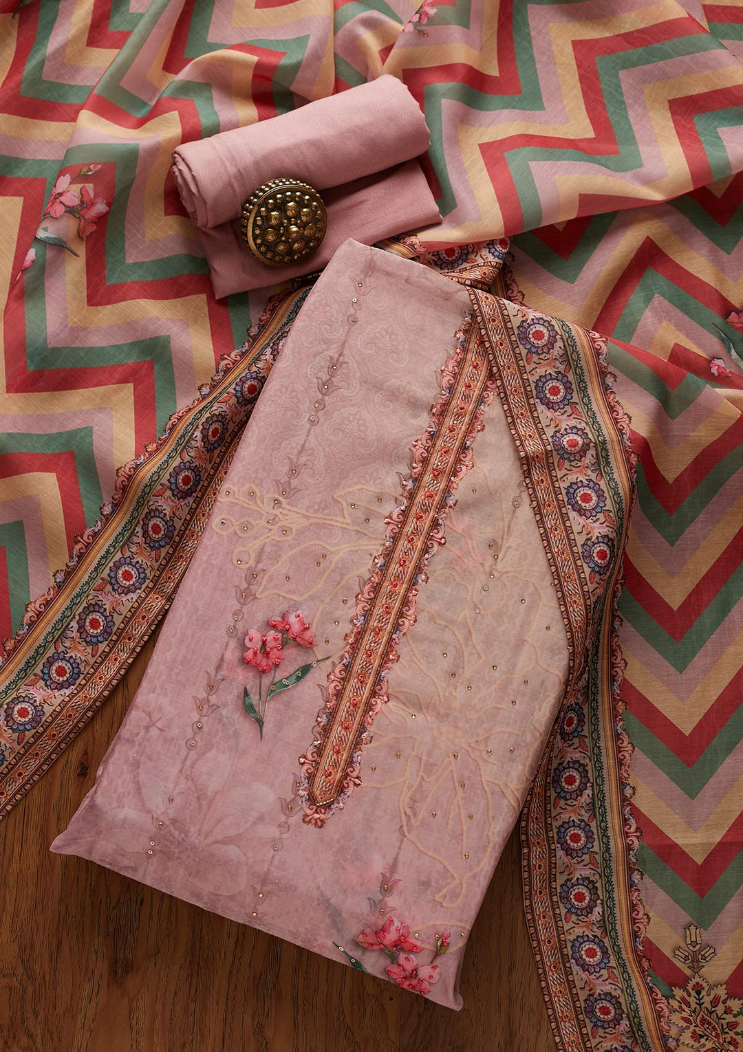 Onion Pink Cutdana Art Silk Designer Unstitched Salwar Suit - koskii