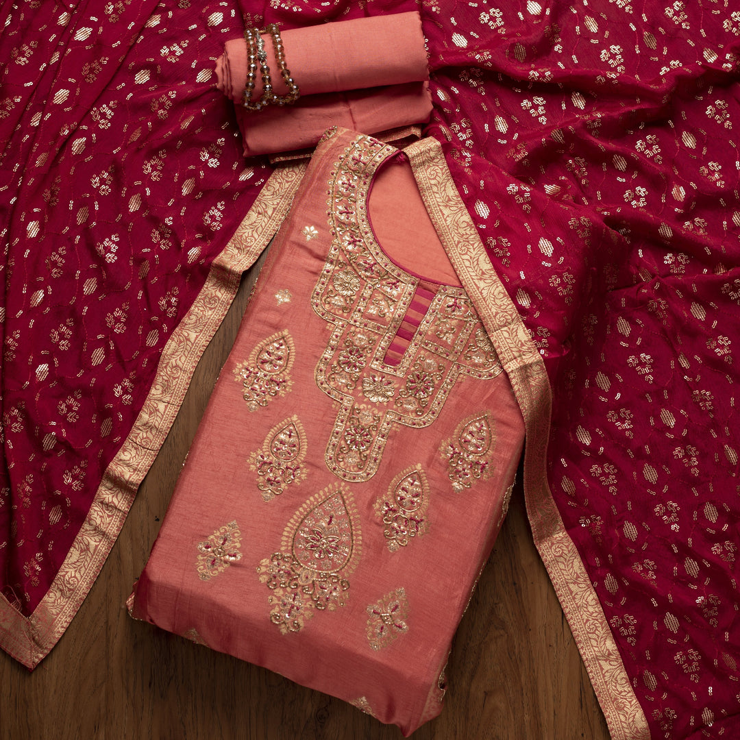 Onion Pink Cutdana Banarasi Designer Semi-Stitched Salwar Suit - koskii
