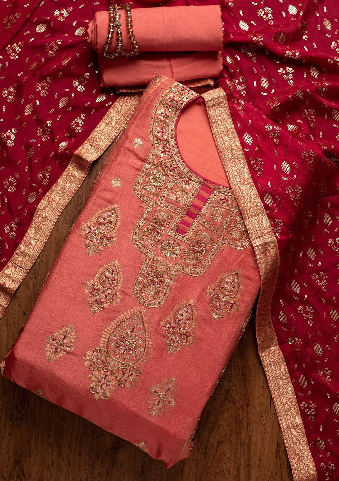 Onion Pink Cutdana Banarasi Designer Semi-Stitched Salwar Suit - koskii