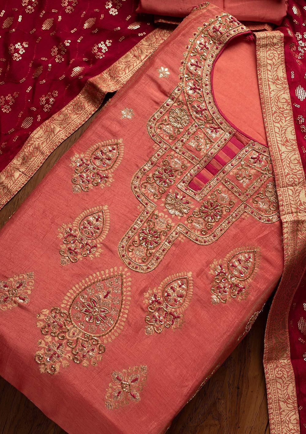 Onion Pink Cutdana Banarasi Designer Semi-Stitched Salwar Suit - koskii