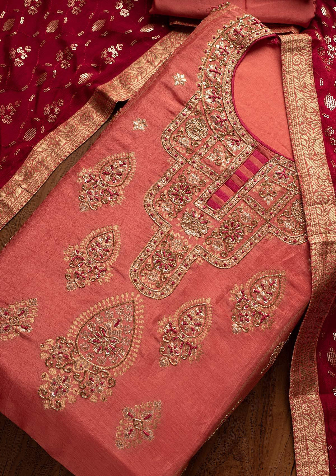 Onion Pink Cutdana Banarasi Designer Semi-Stitched Salwar Suit - koskii