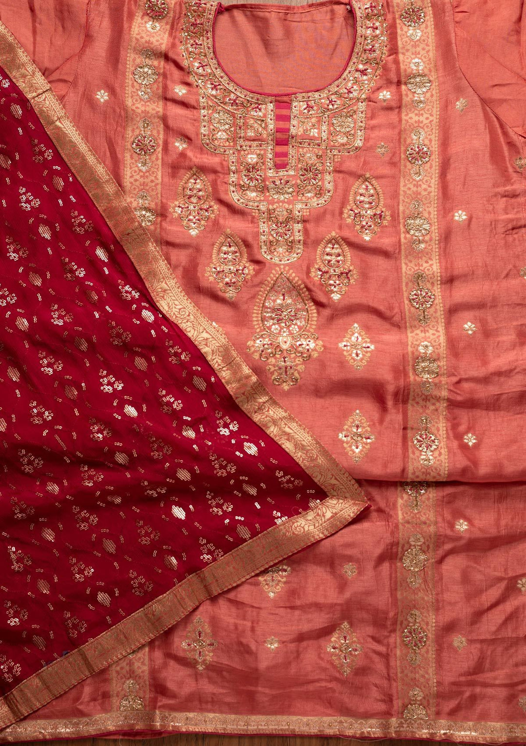 Onion Pink Cutdana Banarasi Designer Semi-Stitched Salwar Suit - koskii