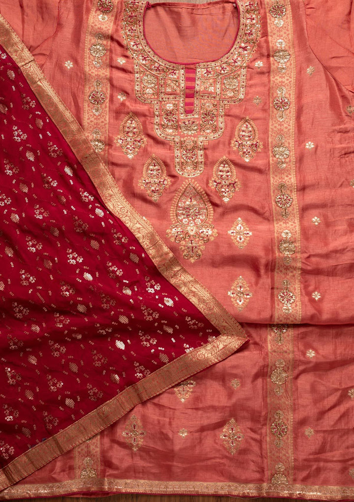 Onion Pink Cutdana Banarasi Designer Semi-Stitched Salwar Suit - koskii