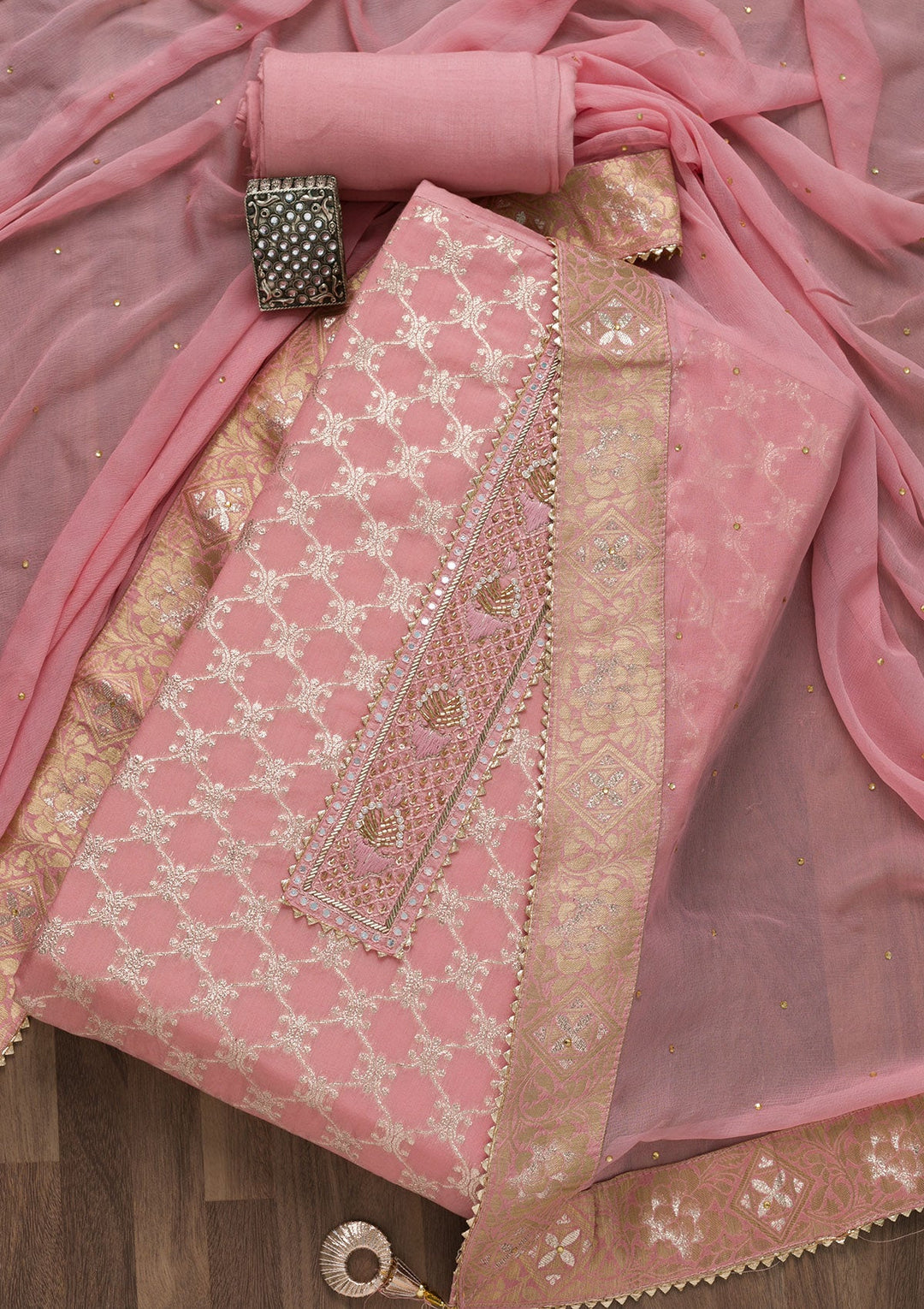 Onion Pink Cutdana Semi Crepe Unstitched Salwar Suit-Koskii