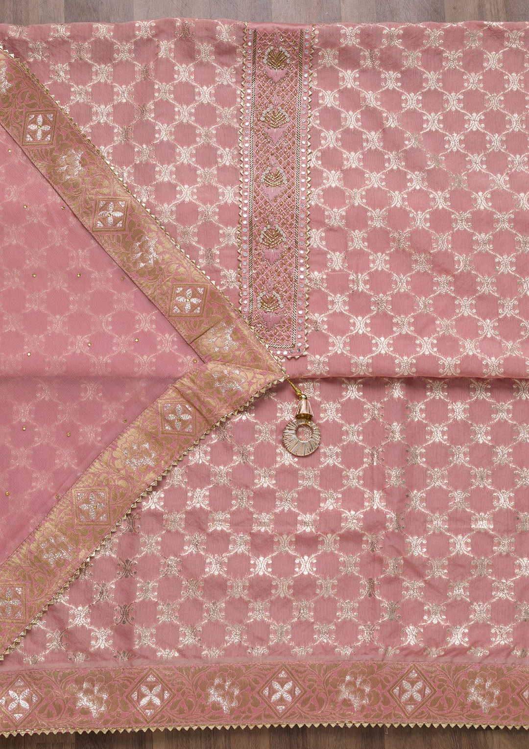 Onion Pink Cutdana Semi Crepe Unstitched Salwar Suit-Koskii