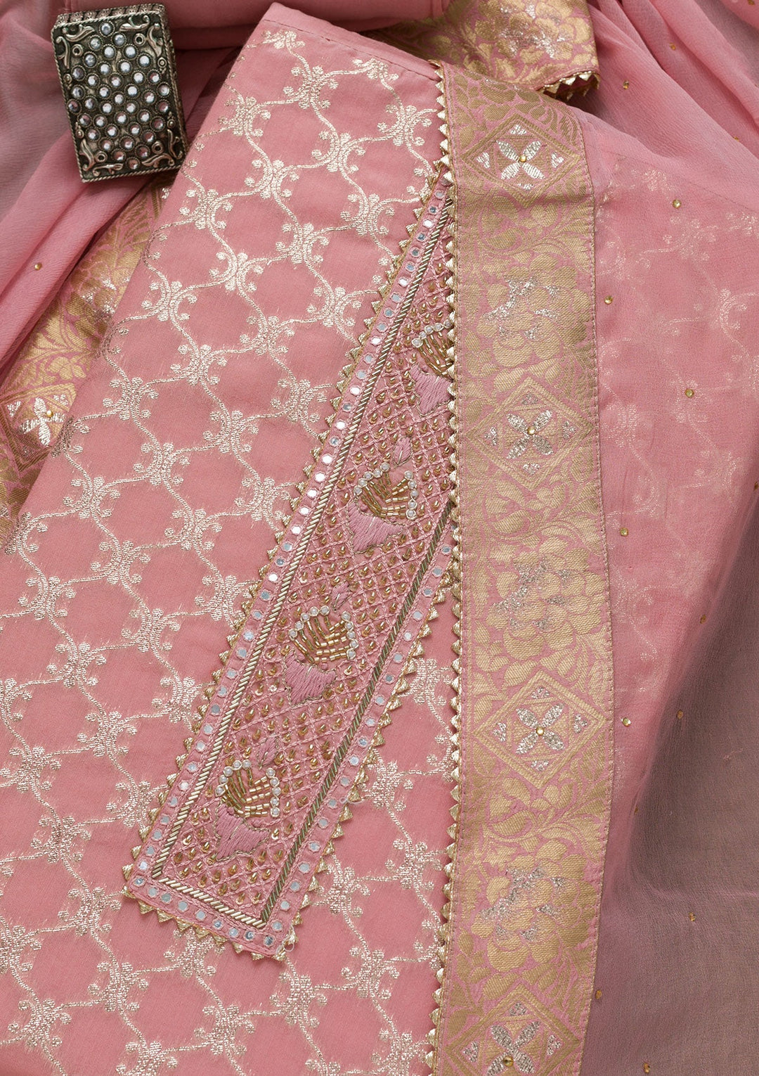 Onion Pink Cutdana Semi Crepe Unstitched Salwar Suit-Koskii