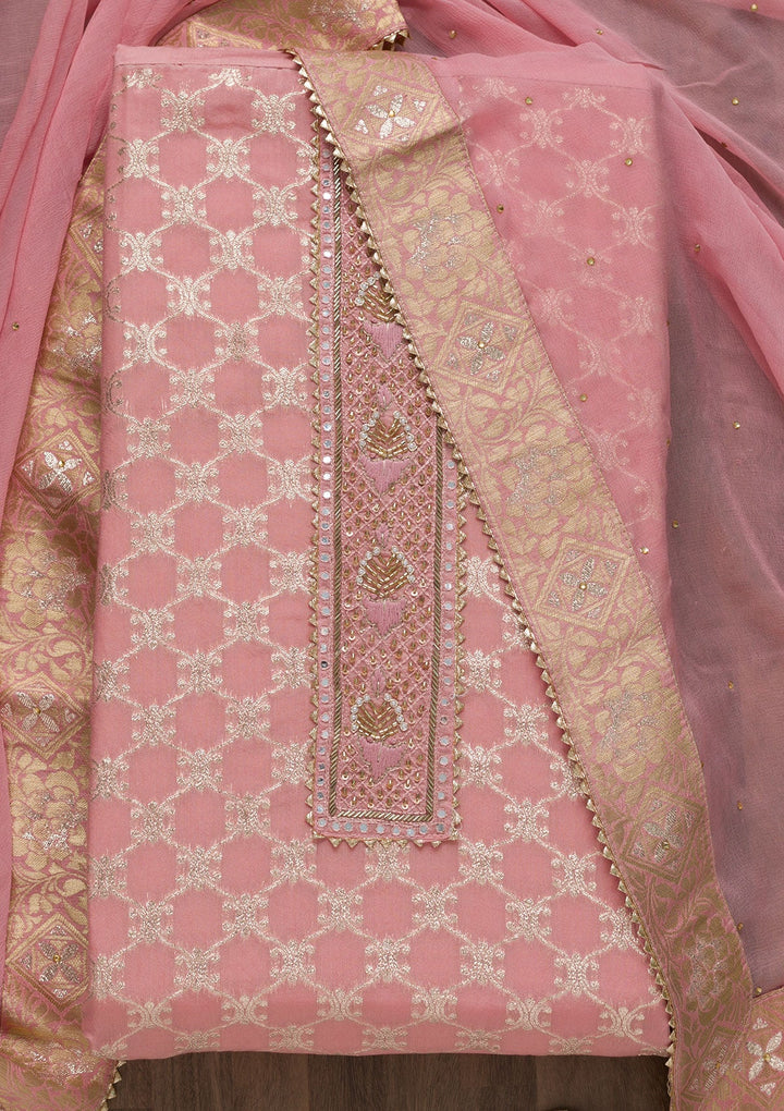 Onion Pink Cutdana Semi Crepe Unstitched Salwar Suit-Koskii