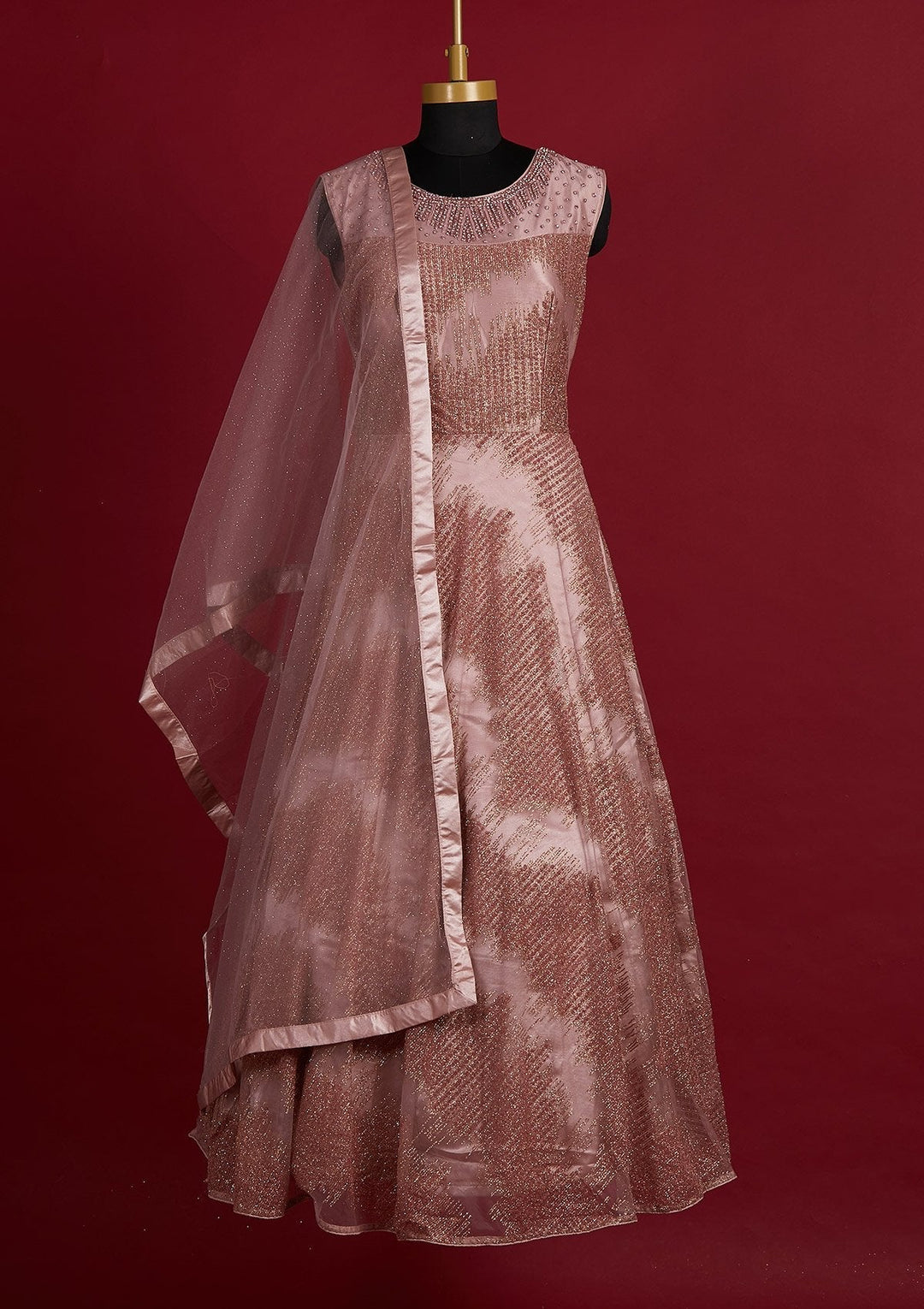Onion Pink Glitter Net Designer Gown - Koskii